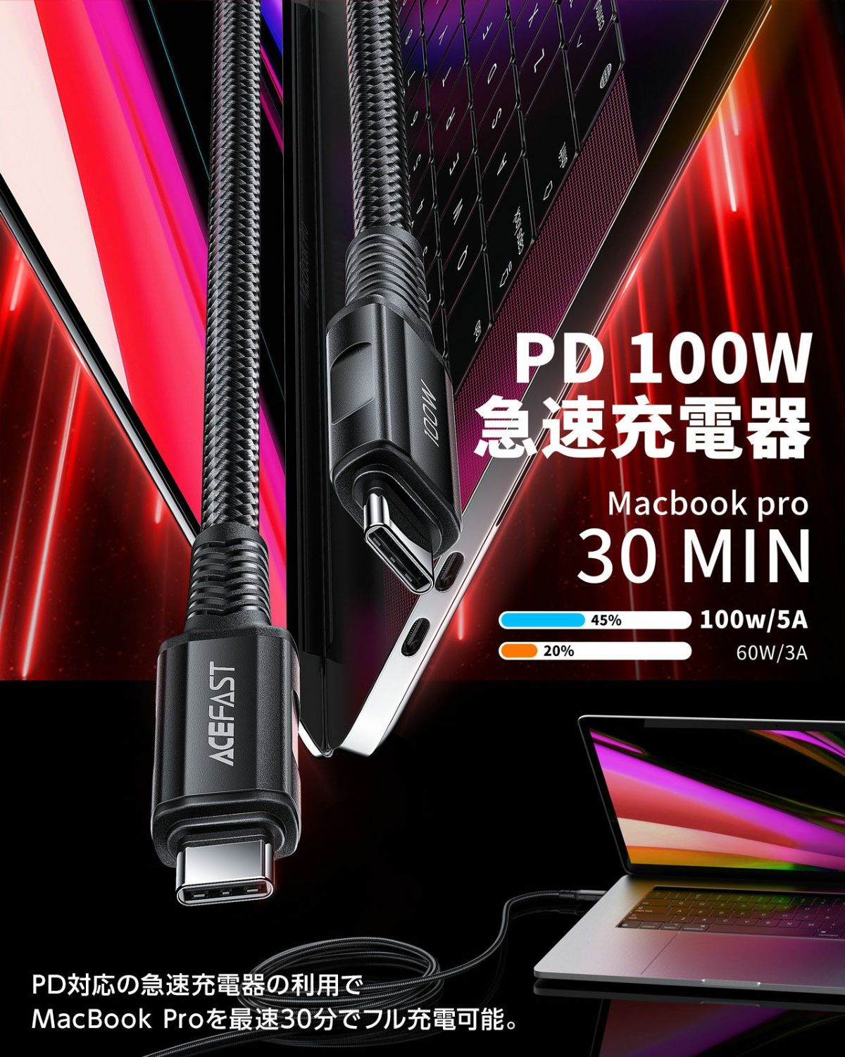 AceFast ブランド Type-c -Type-c ケーブル 2m 急速充電 充電ケーブル 急速 PD 100w USB-C TypeC USB 高速充電 480Mbps 耐久 強化コネクタ PD対応 黒 Black グレー iPad MacBook Pro エースファスト iPhone16