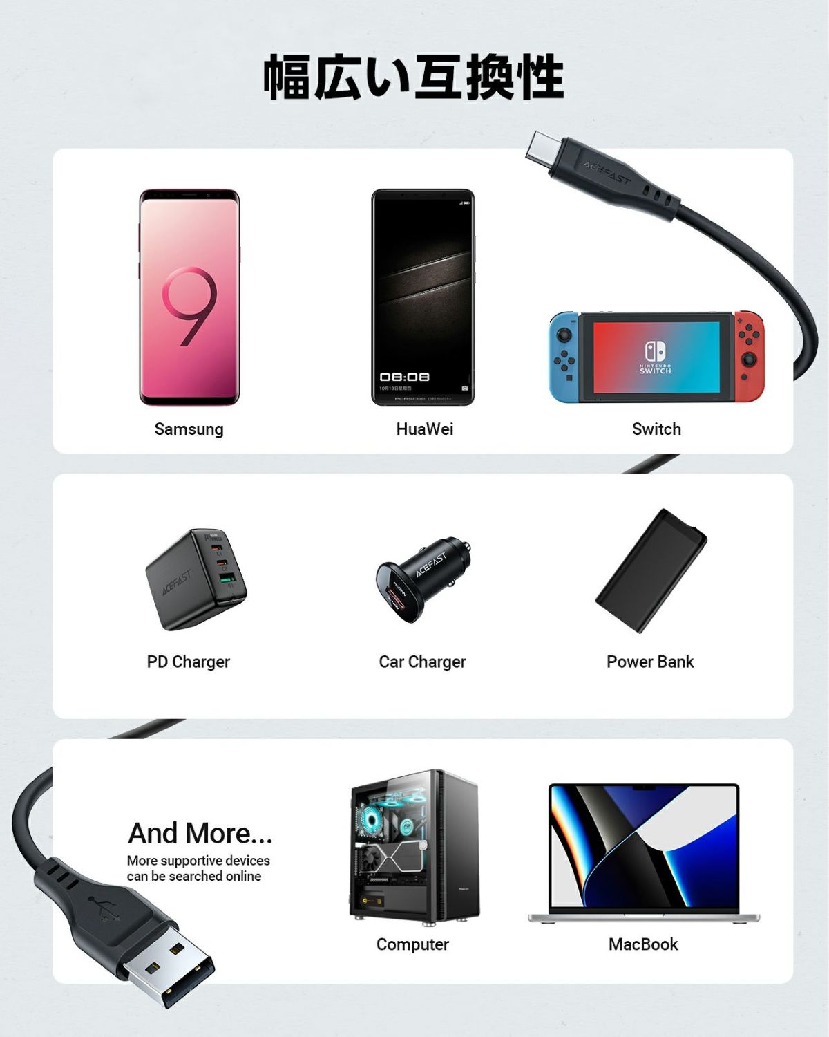 AceFast ブランド 充電ケーブル 1.2m USB TypeC TypeA | 高耐久 データ転送 高速充電 USB-C Type-C タイプC USB-A Type-A タイプA 黒 白 Galaxy Android Nintendo Switch スマートフォン スマホ iPhone16 Pro